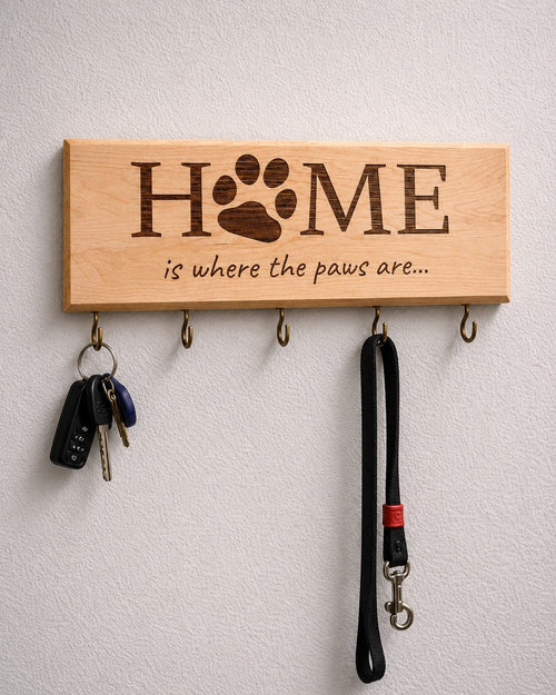 "Home Is Where the Paws Are" Leash & Key Holder — Walnut