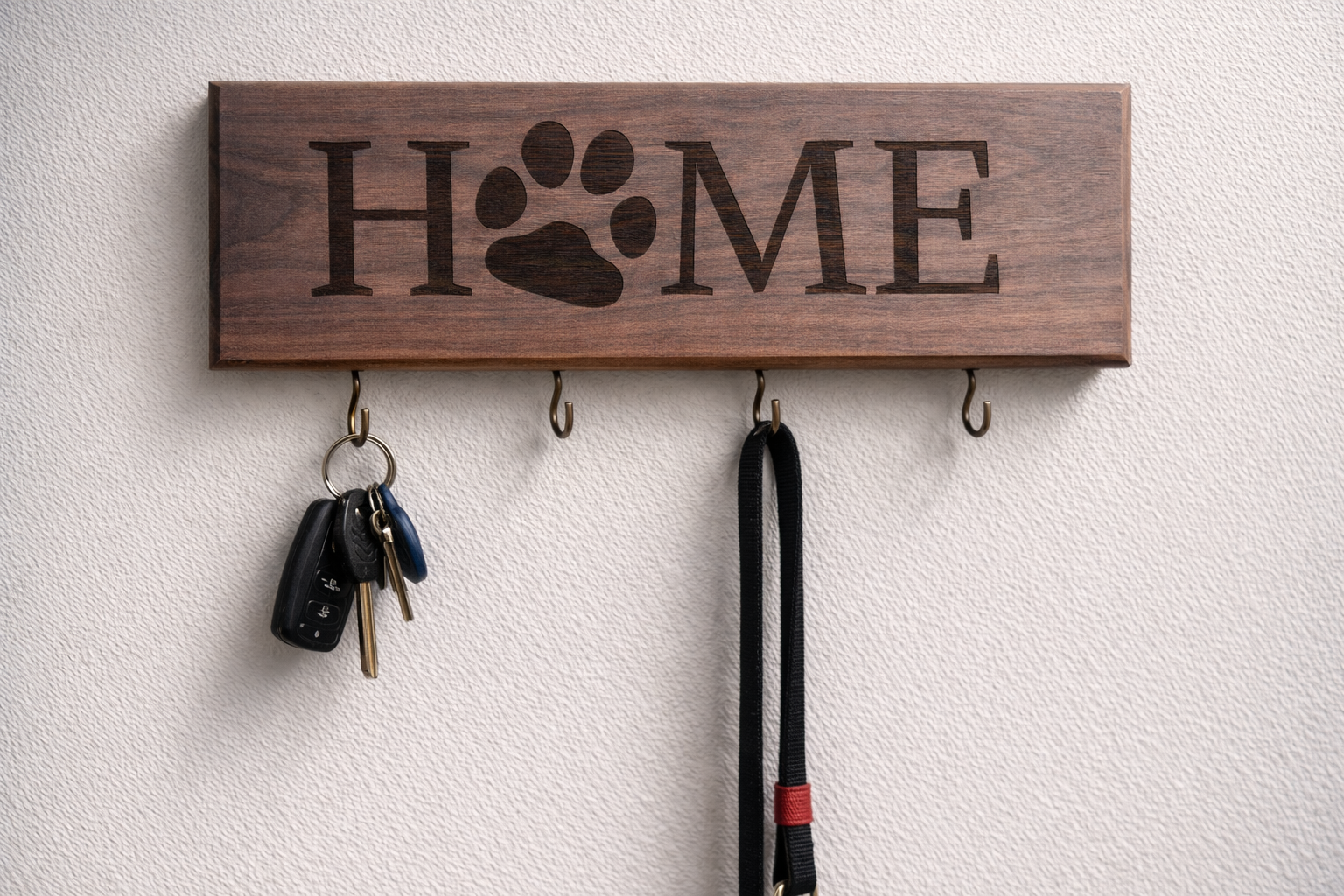 "Home Is Where the Paws Are" Leash & Key Holder — Walnut