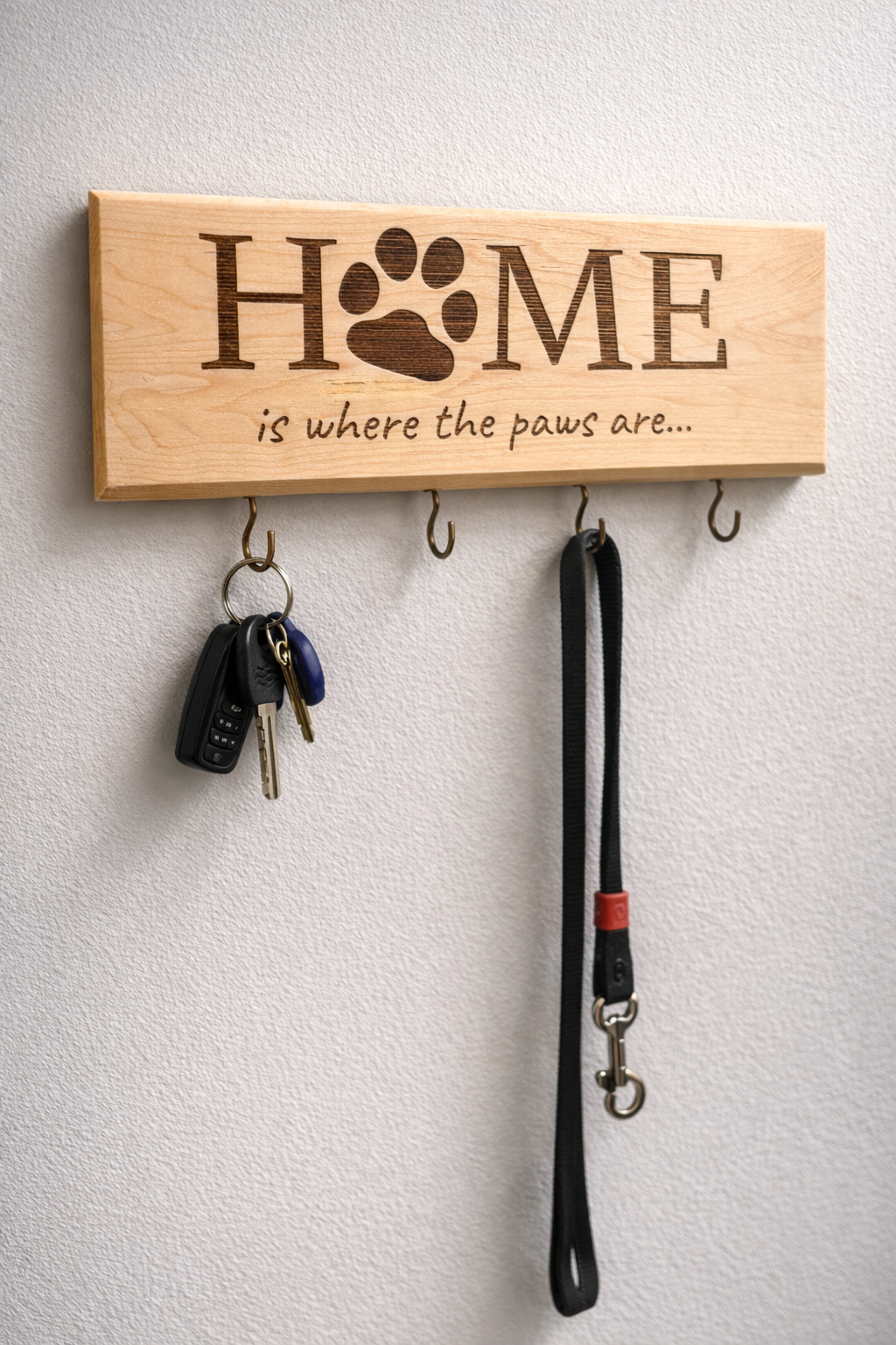 "Home Is Where the Paws Are" Leash & Key Holder — Maple